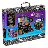A "Timeless Creations Coloring Case" in a suitcase-style box with colored pencils, markers, and coloring pages. Box features travel-inspired graphics and a handle for portability.