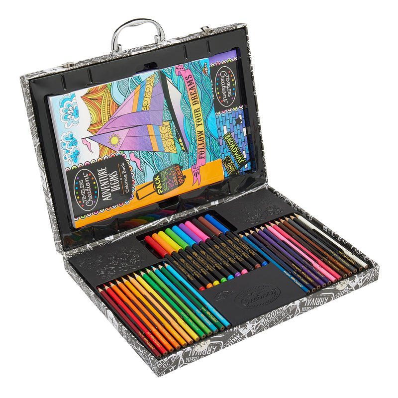 An open Timeless Creations Coloring Case containing various colored pencils, markers, and illustration supplies neatly arranged within a black and white patterned case. A coloring book is also included.