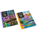 Two colorful adult coloring books titled "Travel in Color" and "Adventure Begins," featuring vibrant covers of cityscapes and a sailboat. Both books are by Timeless Creations Coloring Case.