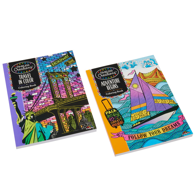 Two colorful adult coloring books titled "Travel in Color" and "Adventure Begins," featuring vibrant covers of cityscapes and a sailboat. Both books are by Timeless Creations Coloring Case.