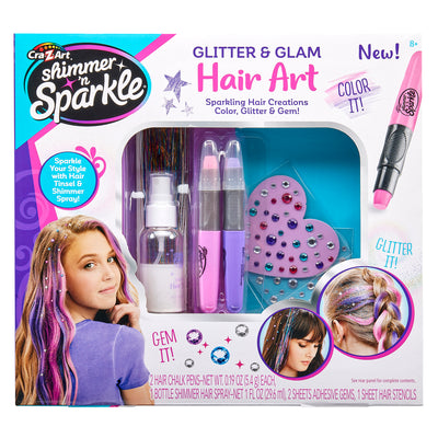 A kids' hair art kit titled "Shimmer 'n Sparkle Shimmering Metallic Hair Art" with items for coloring and decorating hair, including chalk pens, spray, stencils, and gems. Pictured on the box are examples of its use.