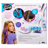 Shimmer 'n Sparkle Shimmering Metallic Hair Art kit includes hair spray, stencils, adhesive gems, and color pens for styling hair with glitter and fun designs. Features a girl demonstrating the kit's use on the packaging.
