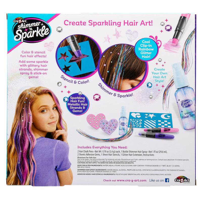 Shimmer 'n Sparkle Shimmering Metallic Hair Art kit includes hair spray, stencils, adhesive gems, and color pens for styling hair with glitter and fun designs. Features a girl demonstrating the kit's use on the packaging.
