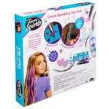 The product packaging for "Shimmer 'n Sparkle Shimmering Metallic Hair Art" displays a girl with colorful hair streaks and glitter, the kit contents, and details about creating sparkling hair art.