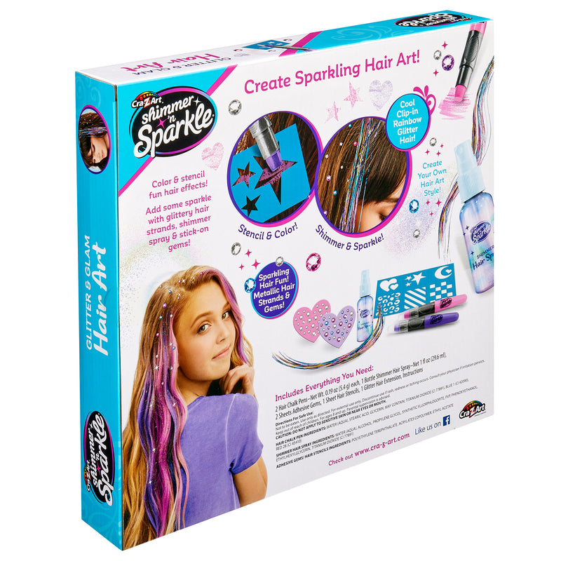 The product packaging for "Shimmer 'n Sparkle Shimmering Metallic Hair Art" displays a girl with colorful hair streaks and glitter, the kit contents, and details about creating sparkling hair art.