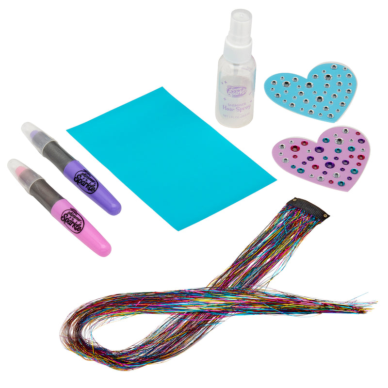 Shimmer 'n Sparkle Shimmering Metallic Hair Art includes two colored hair sprays, a bottle of hair spray, two heart-shaped hair clips with rhinestones, a blue hair extension, and a bundle of multicolored hair strands.