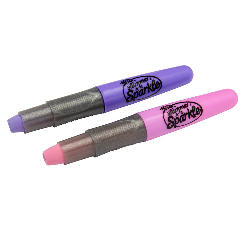 Two Shimmer 'n Sparkle Shimmering Metallic Hair Art pens, one purple and one pink, with grey caps and grips. The brand name "Glitter Shimmer Sparkle" is printed on the barrels.