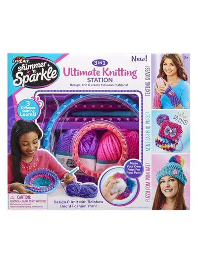 Box containing the Shimmer 'n Sparkle 3 in 1 Ultimate Knitting Station with yarns, knitting tools, and instruction booklet. Suitable for ages 8+. Features colorful packaging and photos of projects.