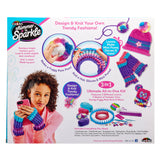 Craft kit packaging featuring Shimmer 'n Sparkle 3 in 1 Ultimate Knitting Station. The kit includes looms for making pom poms, scarves, hats, gloves, and purses in various colors. Suitable for creative craft projects.