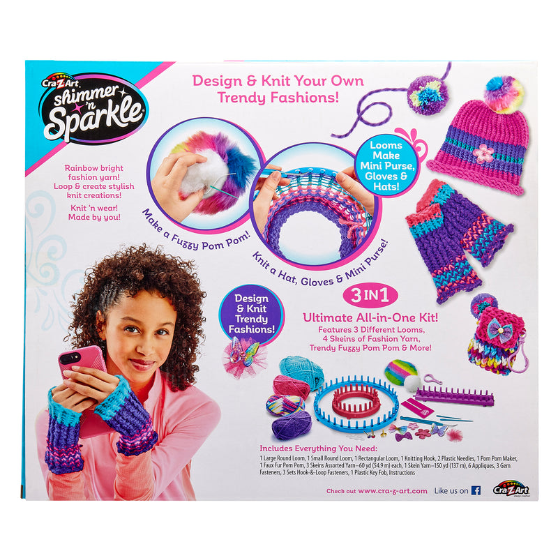 Craft kit packaging featuring Shimmer 'n Sparkle 3 in 1 Ultimate Knitting Station. The kit includes looms for making pom poms, scarves, hats, gloves, and purses in various colors. Suitable for creative craft projects.