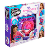 Product image of the Shimmer 'n Sparkle 3 in 1 Ultimate Knitting Station showcasing the kit contents and its features, including knitting looms, yarn, and completed examples of knitted items.