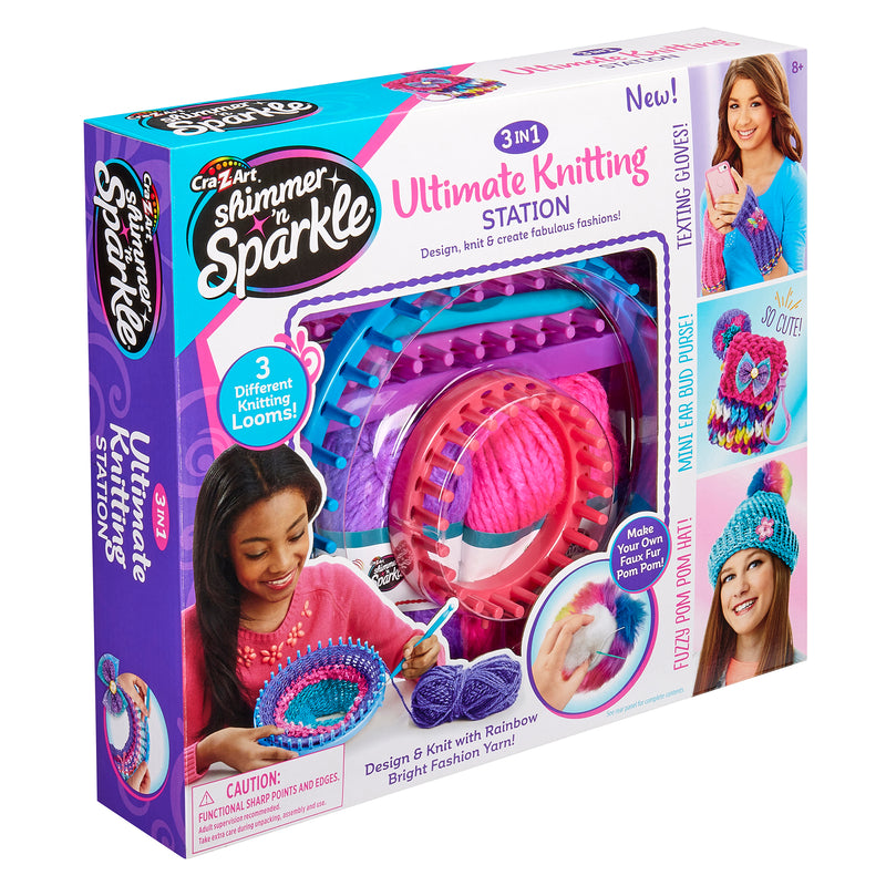Product image of the Shimmer 'n Sparkle 3 in 1 Ultimate Knitting Station showcasing the kit contents and its features, including knitting looms, yarn, and completed examples of knitted items.