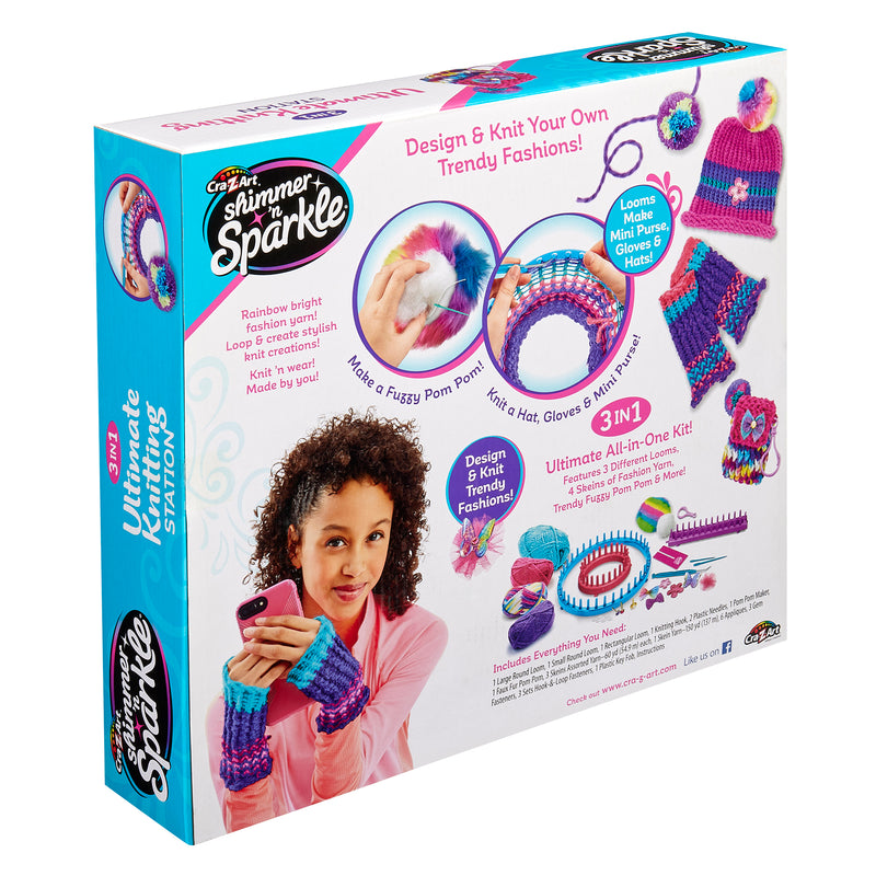 A knitting kit box featuring a girl and various knitted items, with the text "Shimmer 'n Sparkle" and "Design & Knit Your Own Trendy Fashions", highlighting the Shimmer 'n Sparkle 3 in 1 Ultimate Knitting Station for kids.