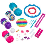 Various craft supplies including Shimmer 'n Sparkle 3 in 1 Ultimate Knitting Station, knitting looms, crochet hooks, a fuzzy pom-pom, decorative bows, buttons, and other small accessories arranged on a white background.