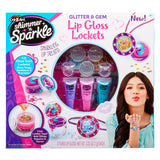Product packaging for Shimmer 'n Sparkle Glitter & Gem Lip Gloss Lockets, featuring lip gloss and accessories to create lockets, rings, necklaces, and bracelets. Suitable for ages 8 and up.