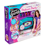 Shimmer 'n Sparkle Ultimate Pedicure Party containing nail polish, stickers, and other pedicure accessories, with an image of a girl using the products on the right.