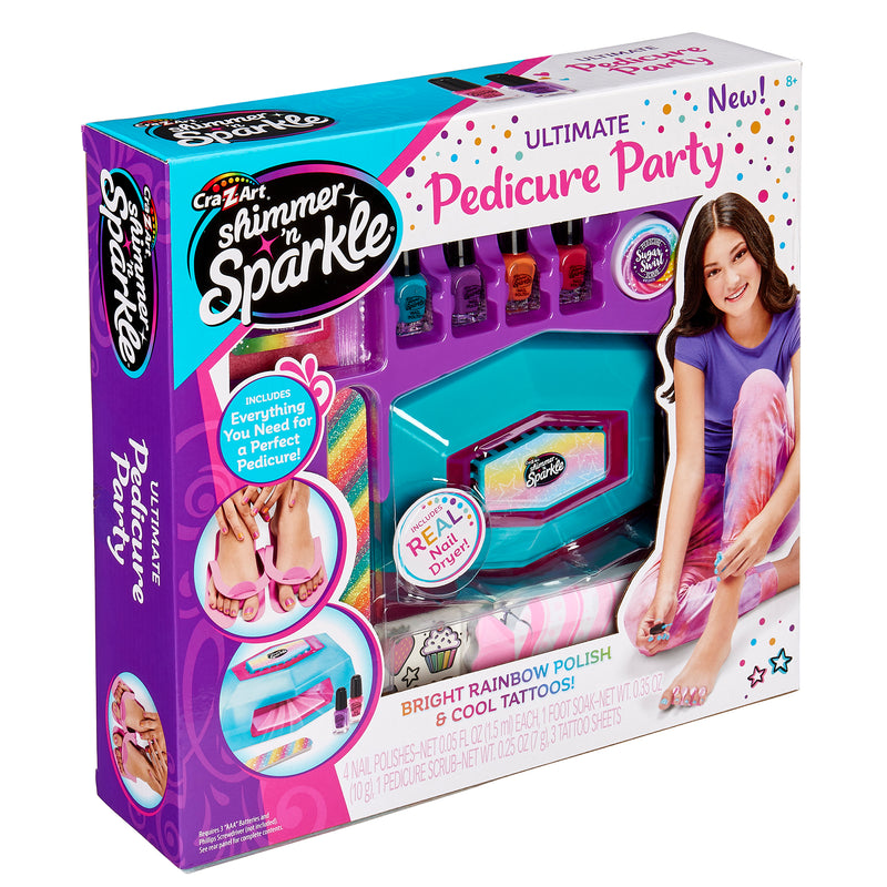 Shimmer 'n Sparkle Ultimate Pedicure Party containing nail polish, stickers, and other pedicure accessories, with an image of a girl using the products on the right.