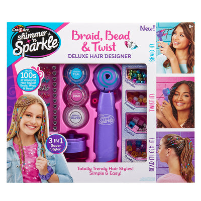 Sure, here is the revised sentence:

Toy packaging for the Shimmer 'n Sparkle Braid & Wrap Hair Designer. The box shows hair styling tools and accessories, with images of a girl using the products.