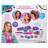 Box for “Shimmer 'n Sparkle BRAID & WRAP HAIR DESIGNER” styling kit. Features images of a girl with styled hair and tools for wrapping, twisting, beading, and gemming hair. Includes list of contents and style ideas.