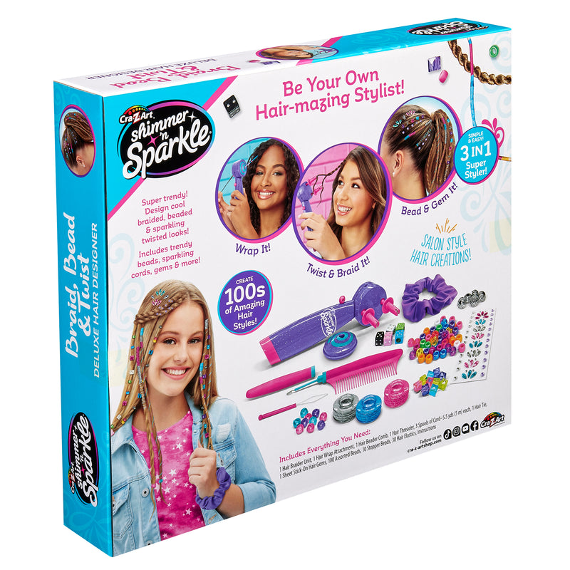 Box of "Shimmer 'n Sparkle BRAID & WRAP HAIR DESIGNER" showing tools and accessories for braiding and decorating hair, including beads, threads, and styling tools, with images of styled hair.