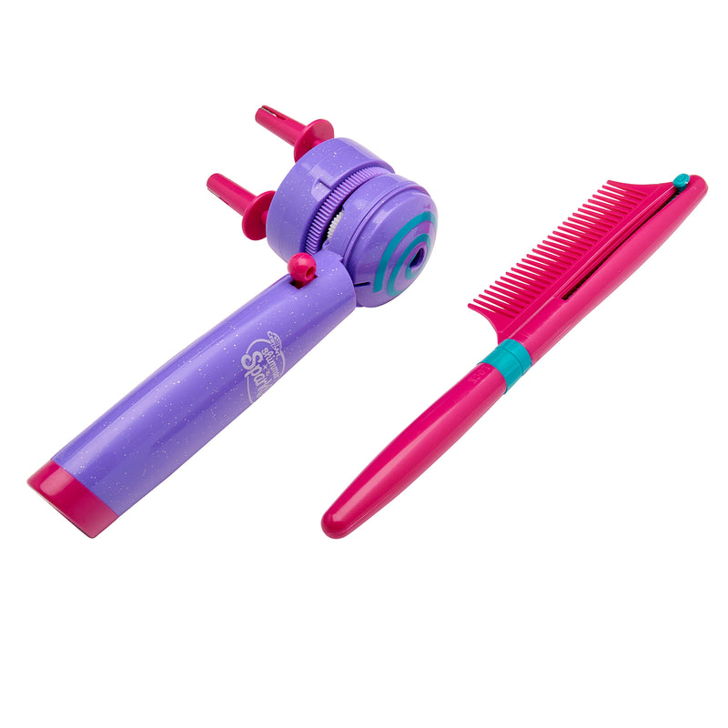 A purple and pink Shimmer 'n Sparkle BRAID & WRAP HAIR DESIGNER with a matching comb, designed for curling.