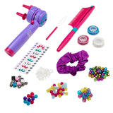 A purple and pink Shimmer 'n Sparkle BRAID & WRAP HAIR DESIGNER including a comb, hair scrunchie, beads, elastics, hair accessories, and a bead threader.