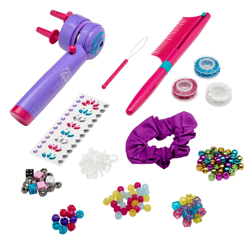 A purple and pink Shimmer 'n Sparkle BRAID & WRAP HAIR DESIGNER including a comb, hair scrunchie, beads, elastics, hair accessories, and a bead threader.