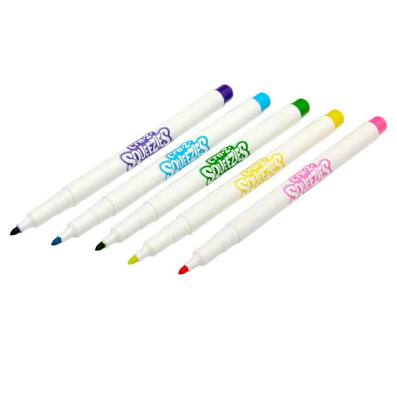 Five white markers with colored tips (purple, blue, green, yellow, and red) and "Shimmer 'n Sparkle Cra-Z-Squeezies Color Your Own Squeezie Fun" printed on their barrels in matching colors.