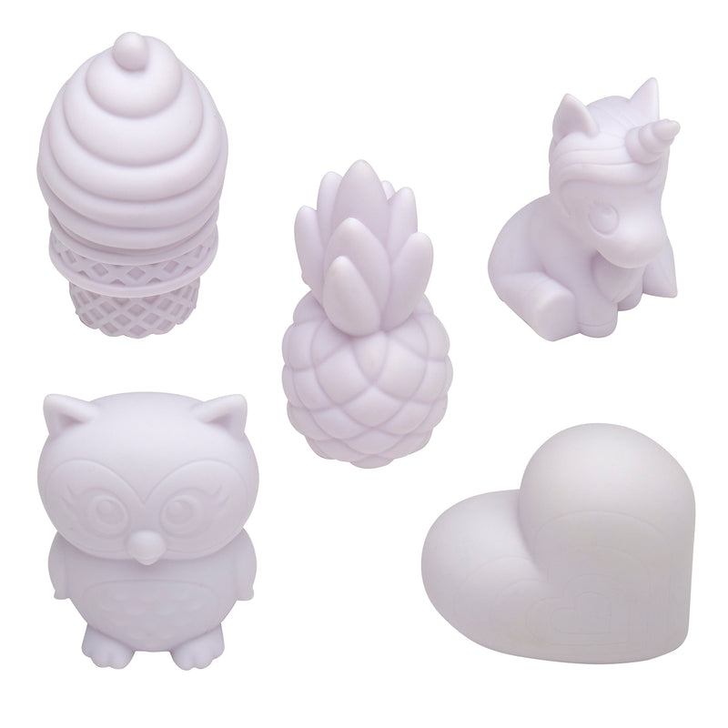Five Shimmer 'n Sparkle 3 D Crystal Gem Creations: an ice cream cone, a pine cone, a unicorn, an owl, and a heart placed against a plain background.