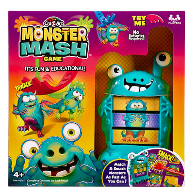 The image shows the packaging of the "Cra-Z-Art Monster Mash Board Game - Test your skills at matching!" by Cra-Z-Art. It features colorful monsters and a tagline that reads, "It's Fun & Educational!" The game is for ages 4 and up.