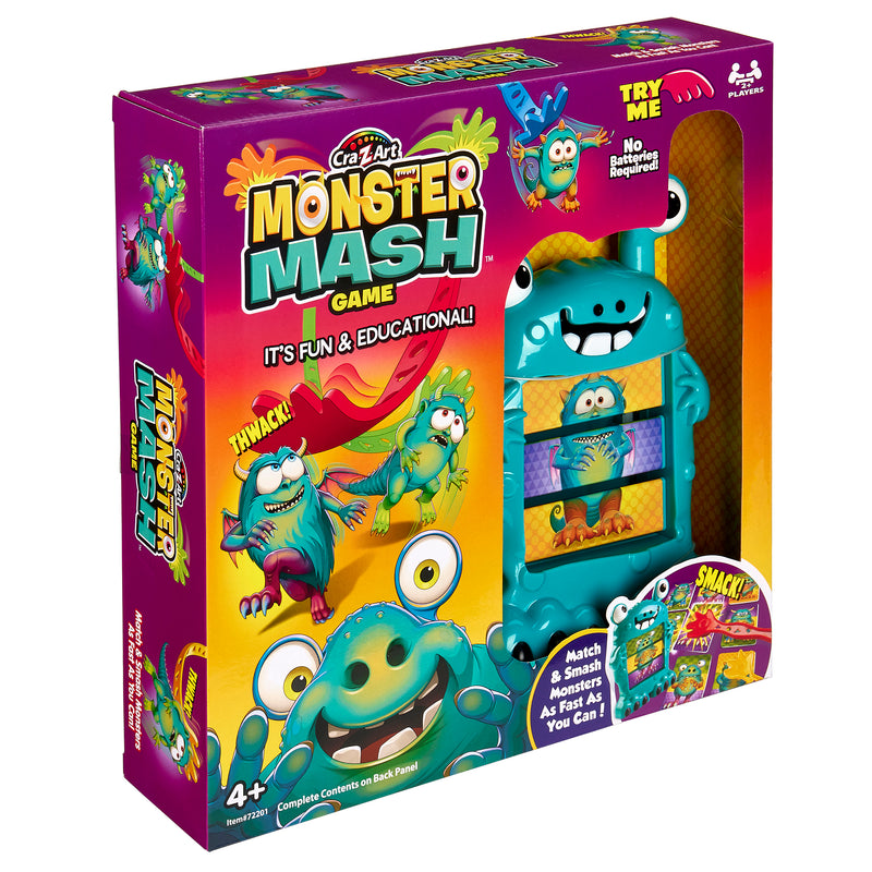 Packaging of the "Cra-Z-Art Monster Mash Board Game - Test your skills at matching!" showing a colorful and animated monster-themed design. The box indicates it is suitable for ages 4+, and highlights it as a fun and educational game.