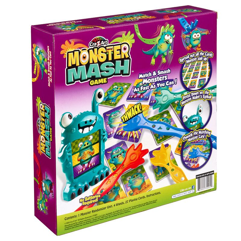 Box for "Cra-Z-Art Monster Mash Board Game - Test your skills at matching!" by Cra-Z-Art showing game components including a monster randomizer unit, cards, and wands. The box features colorful monster illustrations and game play instructions.