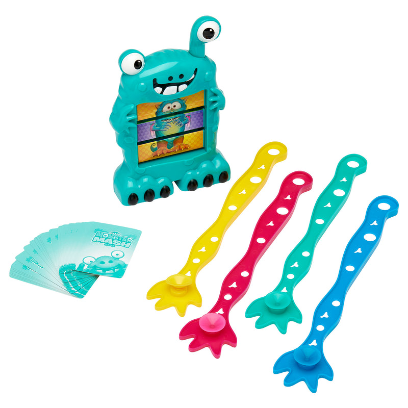 The Cra-Z-Art Monster Mash Board Game - Test your skills at matching! includes a teal animated monster figure, four spoon-like utensils in yellow, red, teal, and blue, and a deck of cards.