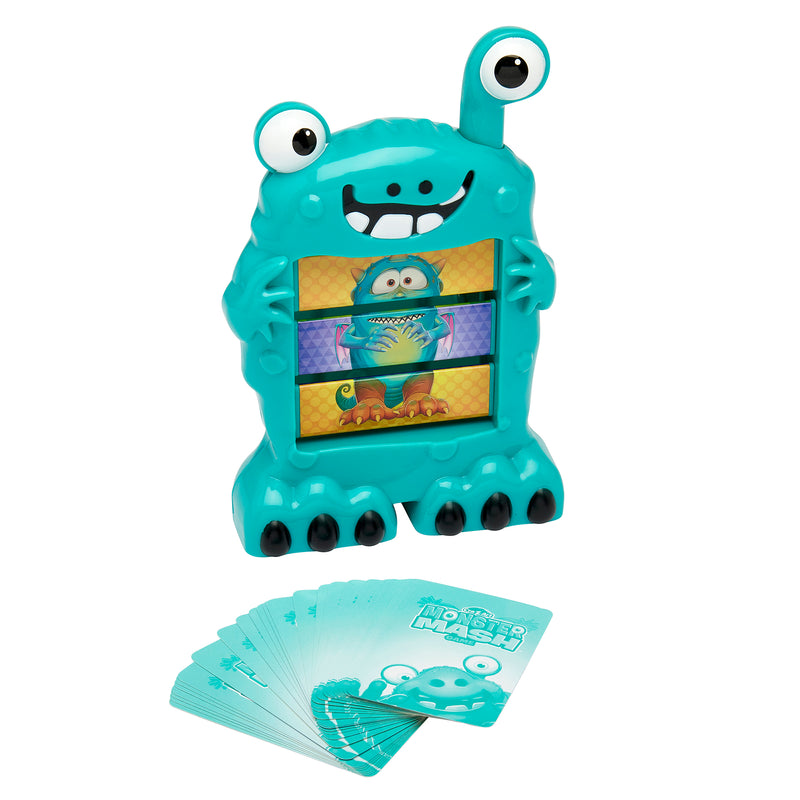 A Cra-Z-Art Monster Mash Board Game - Test your skills at matching! with googly eyes holds a card depicting a cartoon character. Several cards are spread in front of the board game.