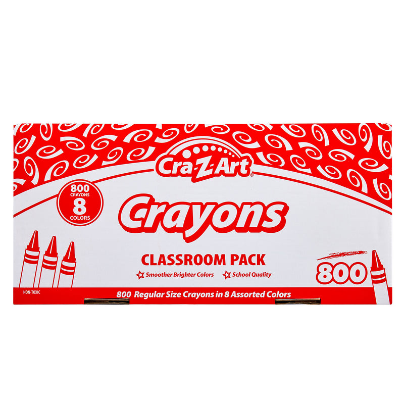 Image shows a Cra-Z-Art Crayon 8 color 800 Count, containing 800 regular-sized crayons in 8 assorted colors. The box highlights "Smoother Brighter Colors" and "School Quality.