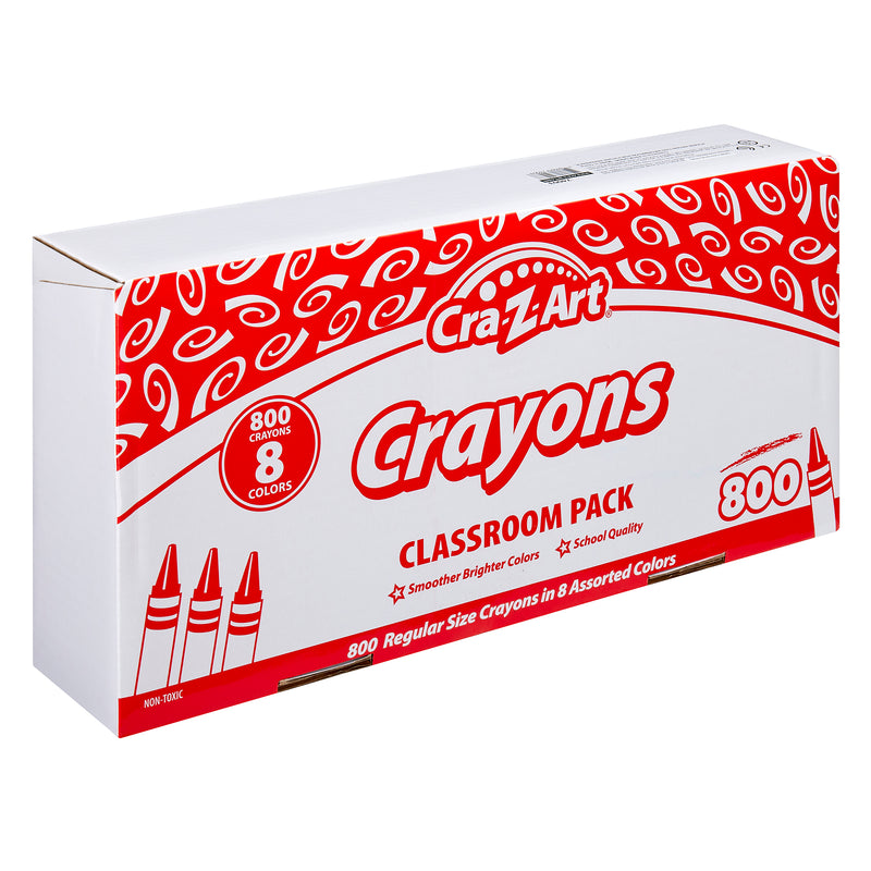 A large box labeled "Cra-Z-Art Crayon 8 color 800 Count" containing 800 regular size crayons in 8 assorted colors. The box is white with red and black graphics and text.