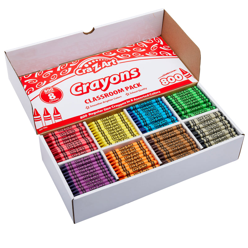 A classroom pack of Cra-Z-Art Crayon 8 color 800 Count containing 800 crayons in 8 assorted colors, neatly organized in a white box with dividers.