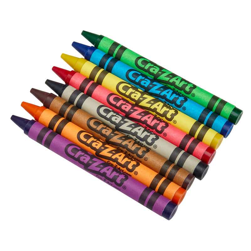 Eight colorful "Cra-Z-Art Crayon 8 color 800 Count" aligned in a row on a white background.