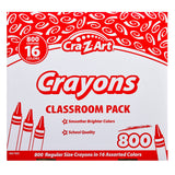 A Cra-Z-Art Crayon 16 color 800 Count classroom pack containing 800 regular size crayons in 16 assorted colors. The box highlights smooth, bright colors and school quality.