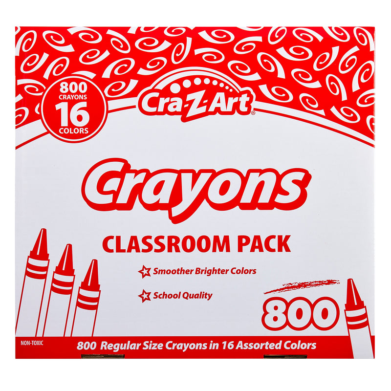A Cra-Z-Art Crayon 16 color 800 Count classroom pack containing 800 regular size crayons in 16 assorted colors. The box highlights smooth, bright colors and school quality.