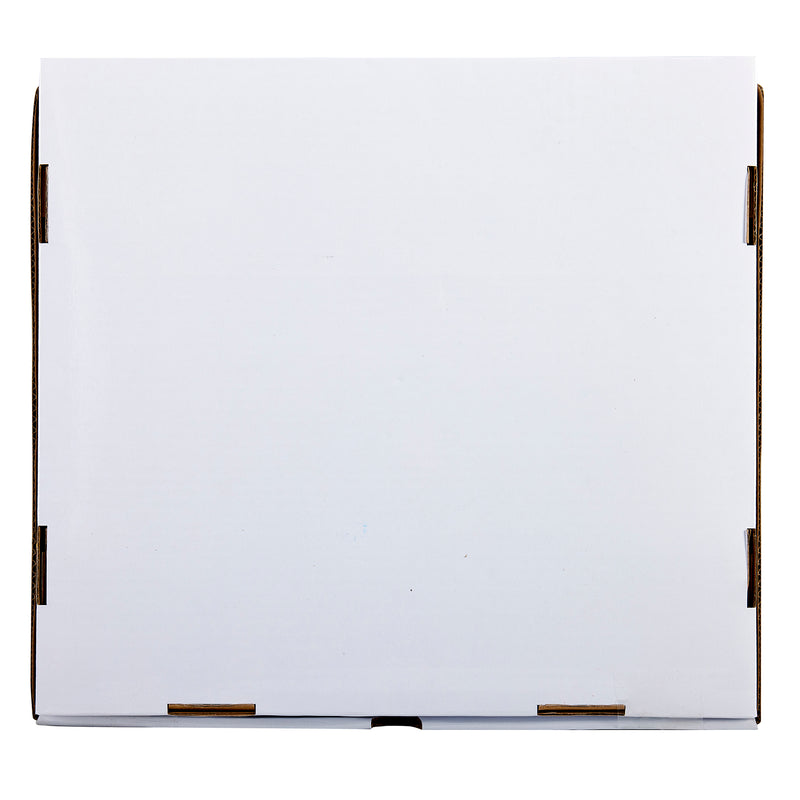 A closed, plain white cardboard box shown from the top, with visible brown edges and sealed flaps, labeled "Cra-Z-Art Crayon 16 color 800 Count.