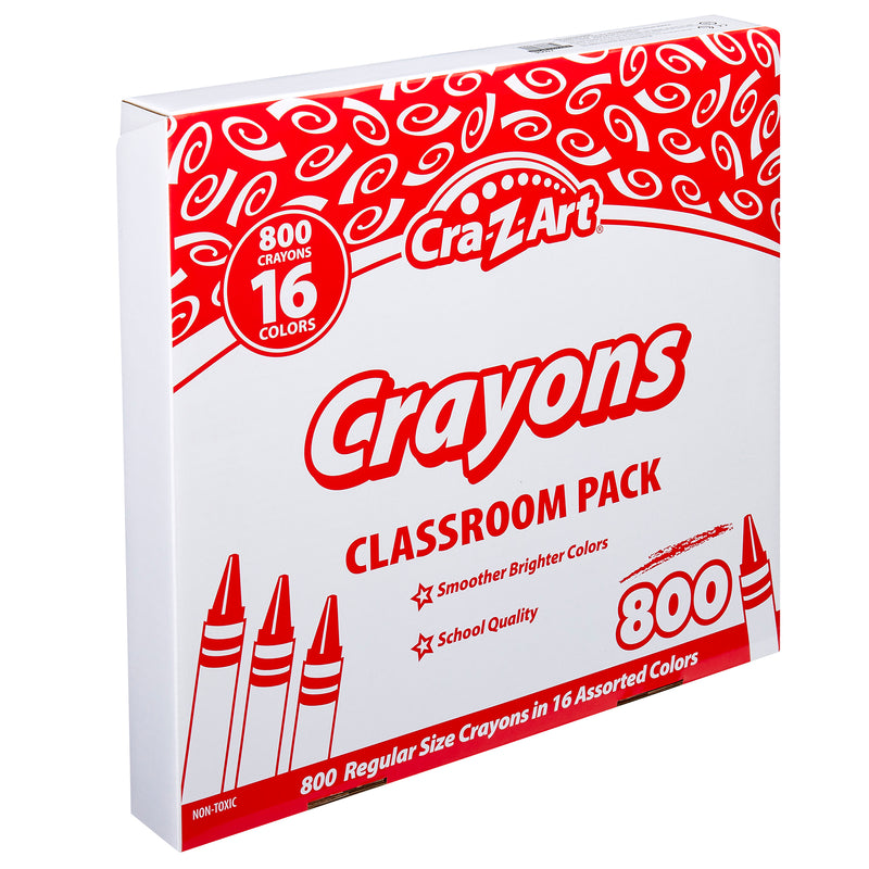 A box of Cra-Z-Art Crayon 16 color 800 Count, containing 800 regular size crayons in 16 assorted colors. The box advertises "smoother brighter colors" and "school quality.