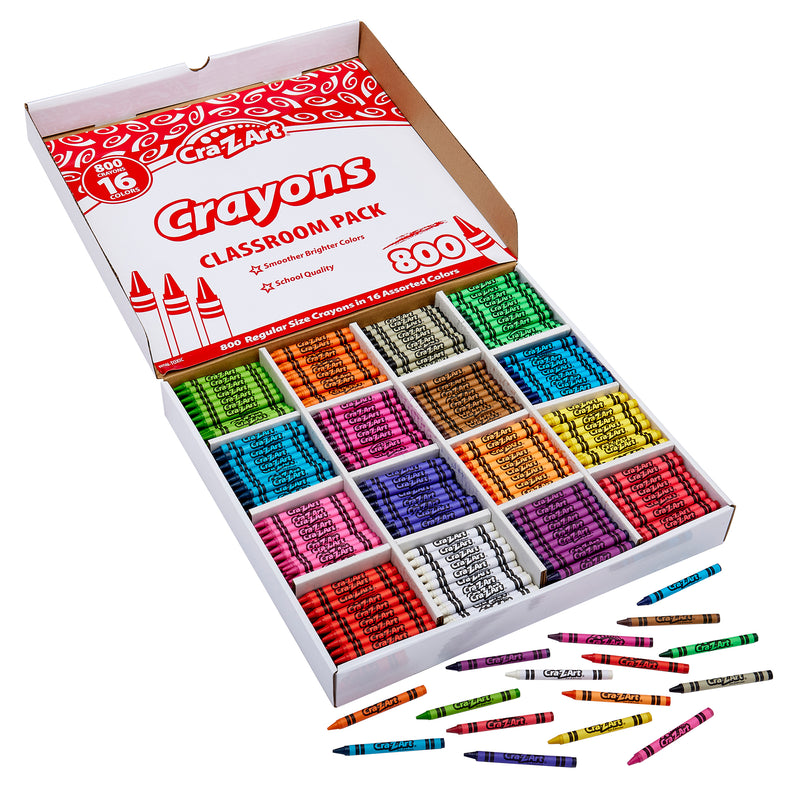A large open box of Cra-Z-Art Crayon 16 color 800 Count, neatly organized in sections by color, with several crayons scattered outside the box. The box lid is labeled "Cra-Z-Art Crayons Classroom Pack.
