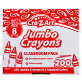 A red and white box of Cra-Z-Art Jumbo Crayon 8 color 200 Count labeled "Classroom Pack," containing 200 crayons in 8 assorted colors. The box mentions "Smoother Brighter Colors" and "School Quality.