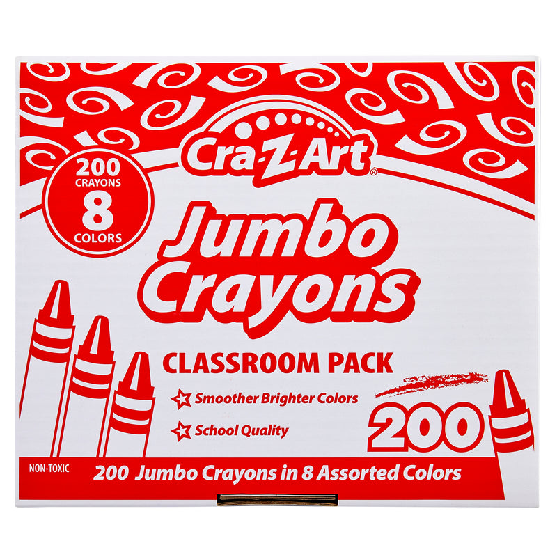 A red and white box of Cra-Z-Art Jumbo Crayon 8 color 200 Count labeled "Classroom Pack," containing 200 crayons in 8 assorted colors. The box mentions "Smoother Brighter Colors" and "School Quality.