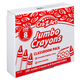 A box of Cra-Z-Art Jumbo Crayon 8 color 200 Count labeled "Classroom Pack" containing 200 crayons in 8 colors. The packaging highlights "Smoother Brighter Colors" and "School Quality.