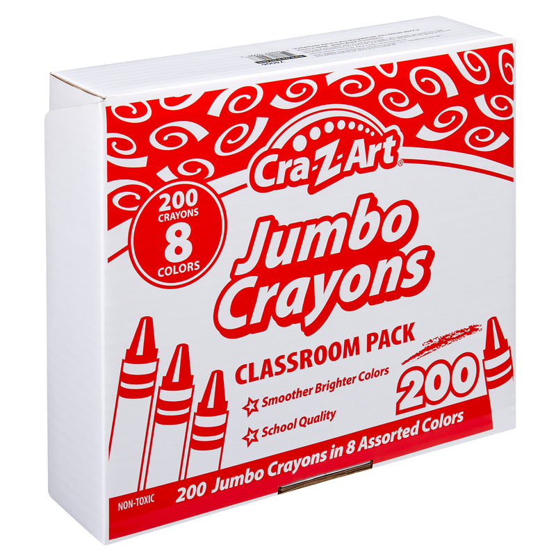 A box of Cra-Z-Art Jumbo Crayon 8 color 200 Count labeled "Classroom Pack" containing 200 crayons in 8 colors. The packaging highlights "Smoother Brighter Colors" and "School Quality.