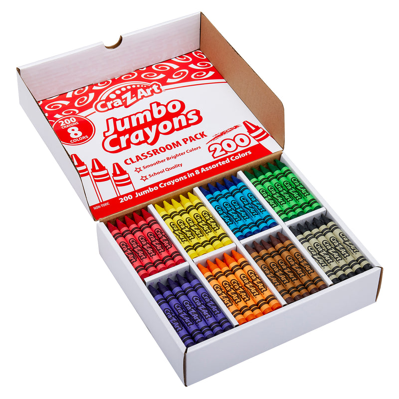 Open box of Cra-Z-Art Jumbo Crayon 8 color 200 Count containing 200 jumbo crayons in multiple assorted colors neatly arranged in rows.