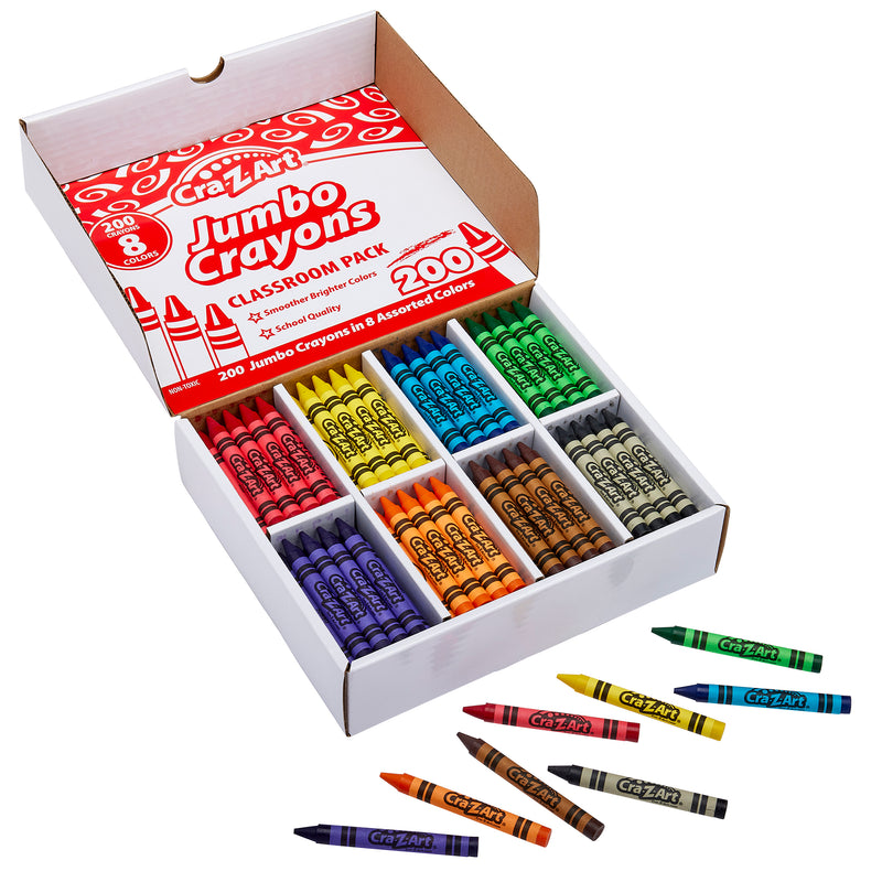 A large open box of Cra-Z-Art Jumbo Crayon 8 color 200 Count, showing 200 assorted colors neatly organized in sections with a few crayons scattered outside the box.