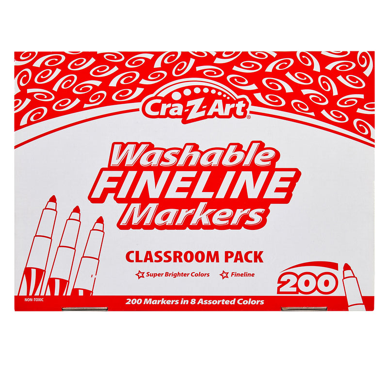 Image of a Cra-Z-Art Washable Markers 10 Color Fine 200 Count. The box displays "200 markers in 8 assorted colors" with illustrations of markers and a red swirly pattern on a white background.